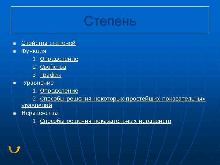 Степень n n Свойства степеней Функция 1. Определение 2. Свойства 3. График Уравнение 1.