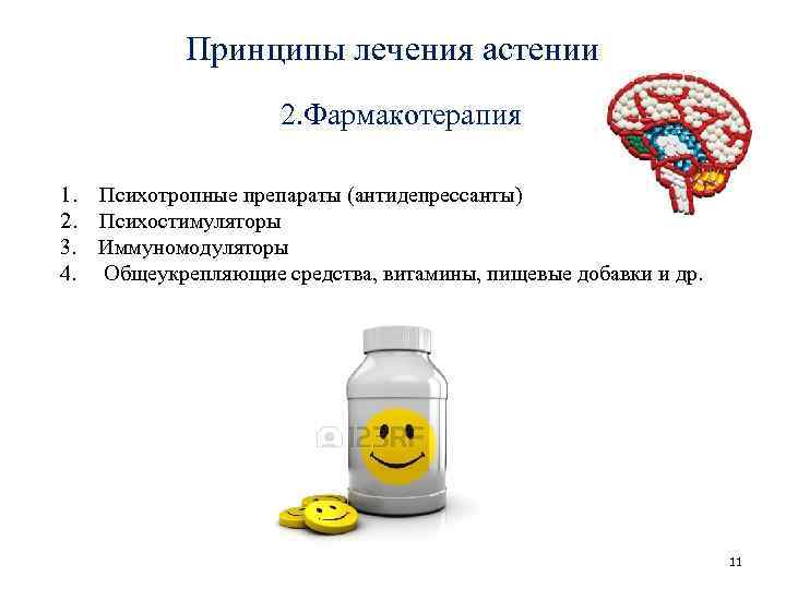 Принципы лечения астении 2. Фармакотерапия 1. Психотропные препараты (антидепрессанты) 2. Психостимуляторы 3. Иммуномодуляторы 4.