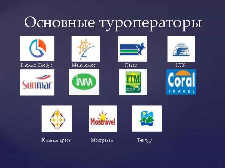 Основные туроператоры Библио Глобус Южный крест Мегаполюс Мостревел Пегас НТК Тез тур 