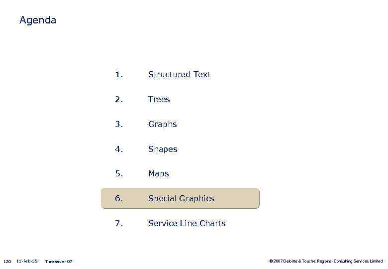 Agenda 1. 2. Shapes 5. Maps 6. Special Graphics 7. Timesaver 07 Graphs 4.