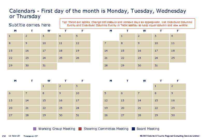 Calendars - First day of the month is Monday, Tuesday, Wednesday or Thursday Tip!