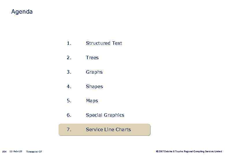 Agenda 1. 2. Shapes 5. Maps 6. Special Graphics 7. Timesaver 07 Graphs 4.