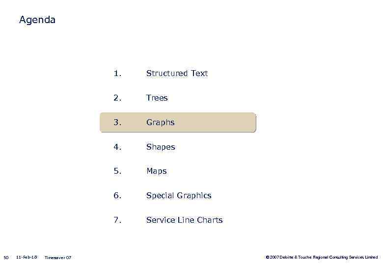 Agenda 1. 2. Shapes 5. Maps 6. Special Graphics 7. Timesaver 07 Graphs 4.