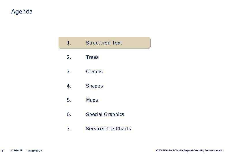 Agenda 1. 2. Shapes 5. Maps 6. Special Graphics 7. Timesaver 07 Graphs 4.