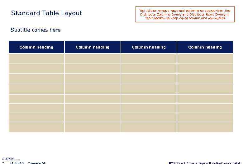 Standard Table Layout Tip! Add or remove rows and columns as appropriate. Use Distribute