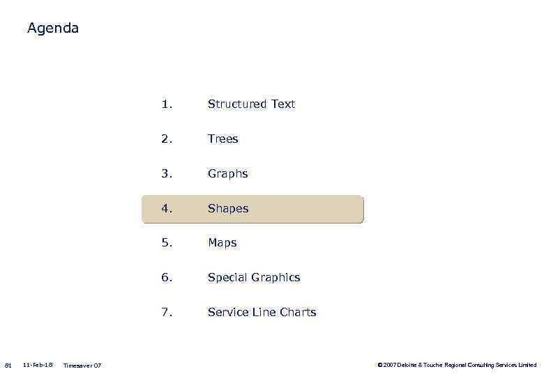 Agenda 1. 2. Shapes 5. Maps 6. Special Graphics 7. Timesaver 07 Graphs 4.