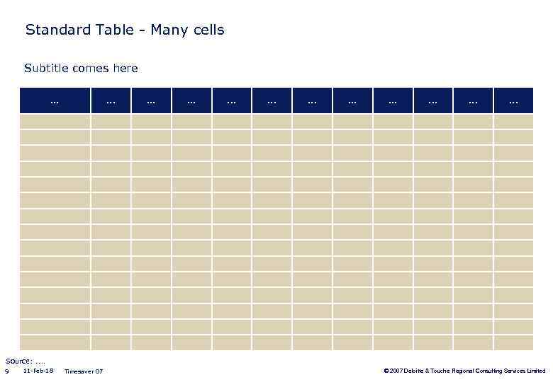 Standard Table - Many cells Subtitle comes here. . . . . Source: .