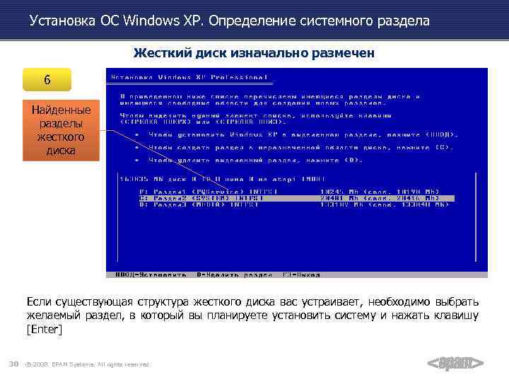 Установка ОС Windows XP. Определение системного раздела Жесткий диск изначально размечен 6 Найденные разделы