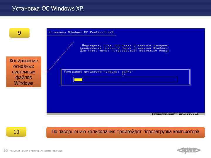 Установка ОС Windows XP. 9 Копирование основных системных файлов Windows 10 32 По завершению