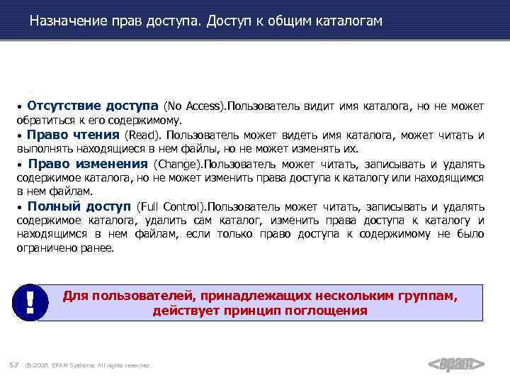Назначение прав доступа. Доступ к общим каталогам • Отсутствие доступа (No Access). Пользователь видит