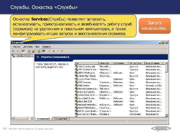 Службы. Оснастка «Службы» Оснастка Services(Службы) позволяет запускать, останавливать, приостанавливать и возобновлять работу служб (сервисов)