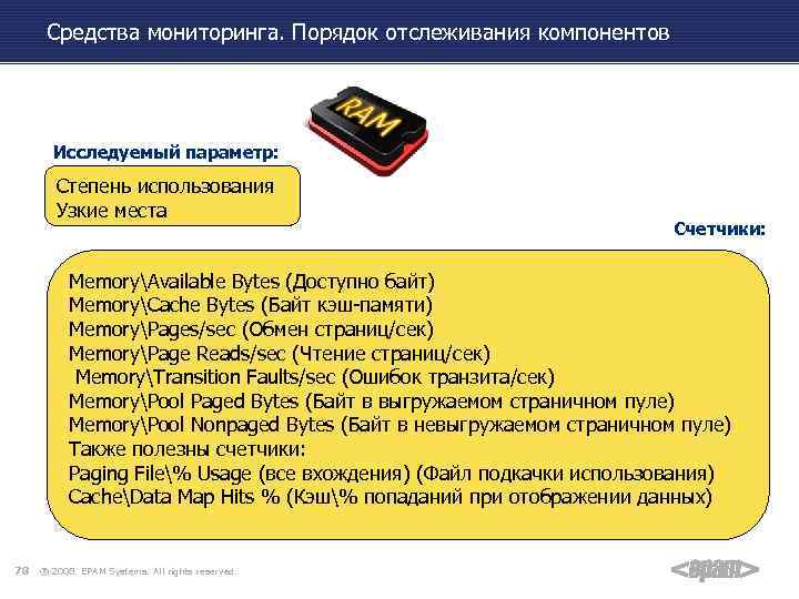 Средства мониторинга. Порядок отслеживания компонентов Исследуемый параметр: Степень использования Узкие места Счетчики: MemoryAvailable Bytes