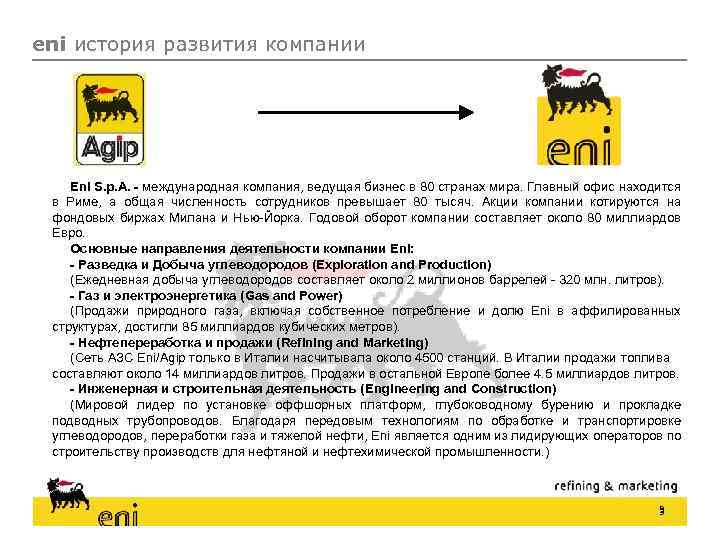eni история развития компании Eni S. p. A. - международная компания, ведущая бизнес в
