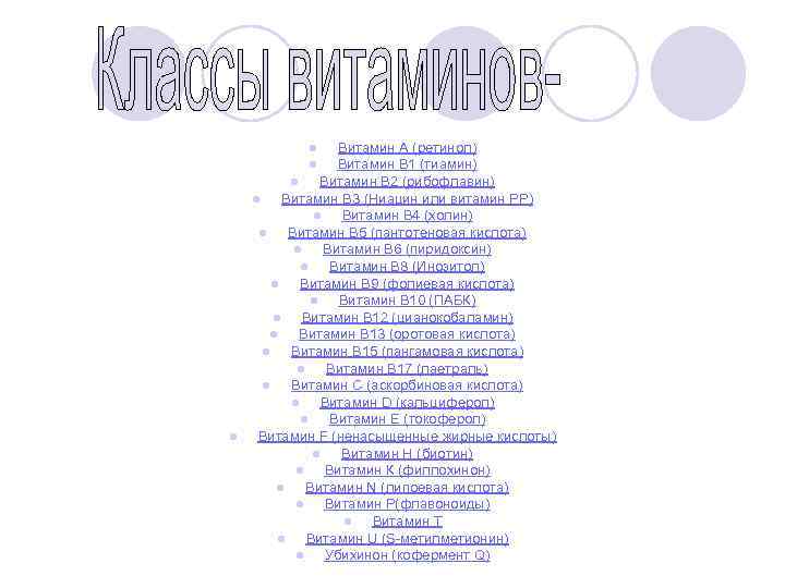 Витамин А (ретинол) Витамин В 1 (тиамин) l Витамин В 2 (рибофлавин) l Витамин