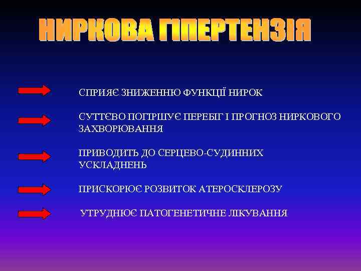 СПРИЯЄ ЗНИЖЕННЮ ФУНКЦІЇ НИРОК СУТТЄВО ПОГІРШУЄ ПЕРЕБІГ І ПРОГНОЗ НИРКОВОГО ЗАХВОРЮВАННЯ ПРИВОДИТЬ ДО СЕРЦЕВО-СУДИННИХ