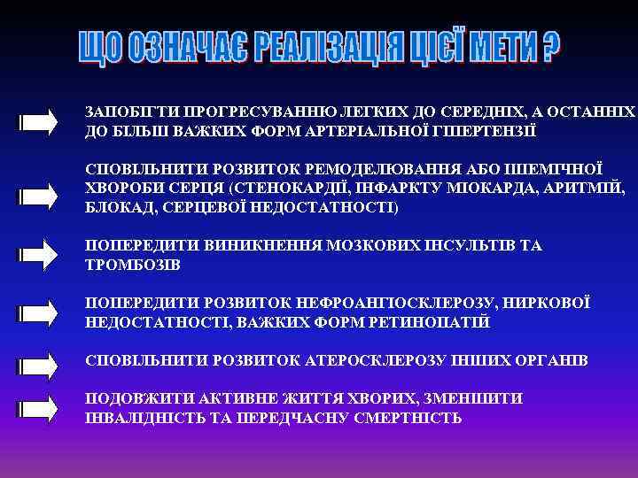 ЗАПОБІГТИ ПРОГРЕСУВАННЮ ЛЕГКИХ ДО СЕРЕДНІХ, А ОСТАННІХ ДО БІЛЬШ ВАЖКИХ ФОРМ АРТЕРІАЛЬНОЇ ГІПЕРТЕНЗІЇ СПОВІЛЬНИТИ