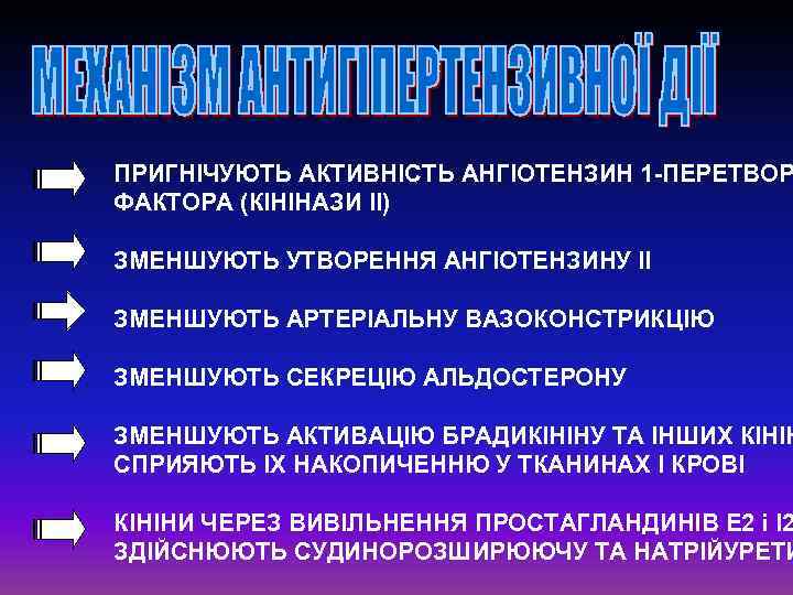 ПРИГНІЧУЮТЬ АКТИВНІСТЬ АНГІОТЕНЗИН 1 -ПЕРЕТВОР ФАКТОРА (КІНІНАЗИ ІІ) ЗМЕНШУЮТЬ УТВОРЕННЯ АНГІОТЕНЗИНУ ІІ ЗМЕНШУЮТЬ АРТЕРІАЛЬНУ