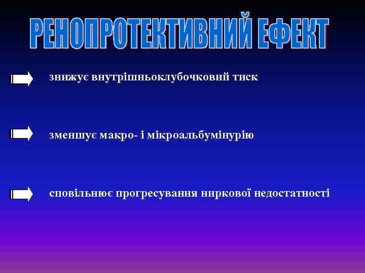 знижує внутрішньоклубочковий тиск зменшує макро- і мікроальбумінурію сповільнює прогресування ниркової недостатності 