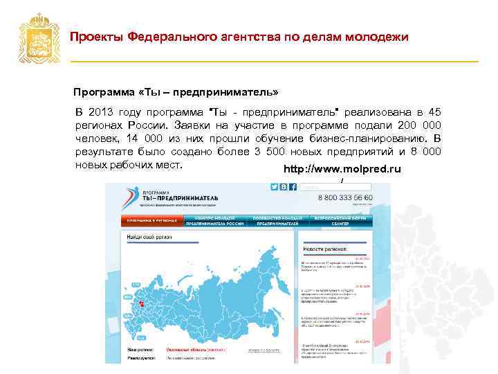 Проекты Федерального агентства по делам молодежи Программа «Ты – предприниматель» В 2013 году программа