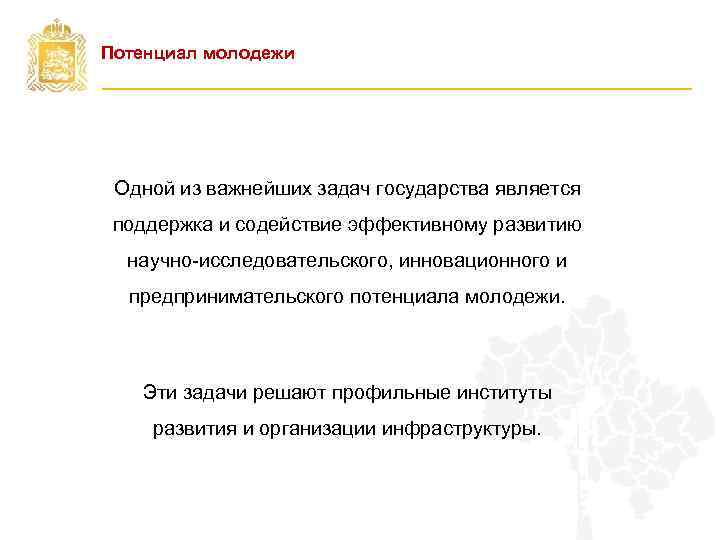 Потенциал молодежи Одной из важнейших задач государства является поддержка и содействие эффективному развитию научно-исследовательского,