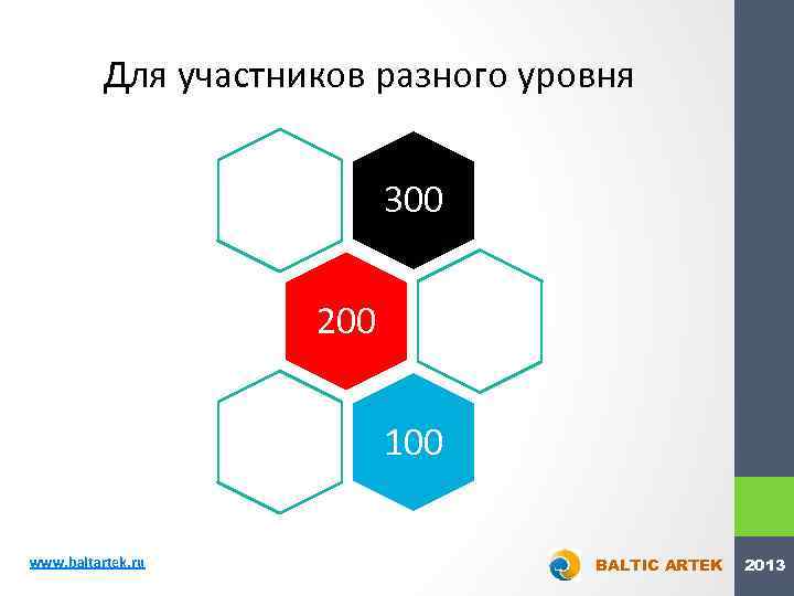 Для участников разного уровня 300 200 100 www. baltartek. ru BALTIC ARTEK 2013 