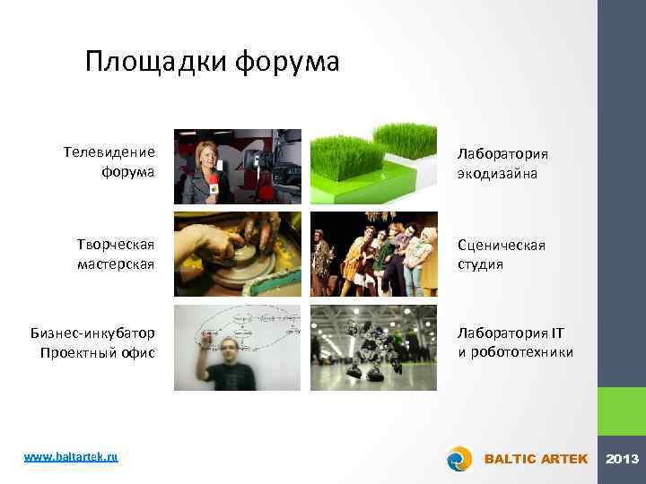 Площадки форума Телевидение форума Лаборатория экодизайна Творческая мастерская Сценическая студия Бизнес-инкубатор Проектный офис www.