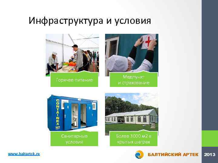 Инфраструктура и условия Горячее питание Санитарные условия www. baltartek. ru Медпункт и страхование Более