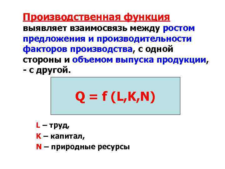 Производственная функция выявляет взаимосвязь между ростом предложения и производительности факторов производства, с одной стороны