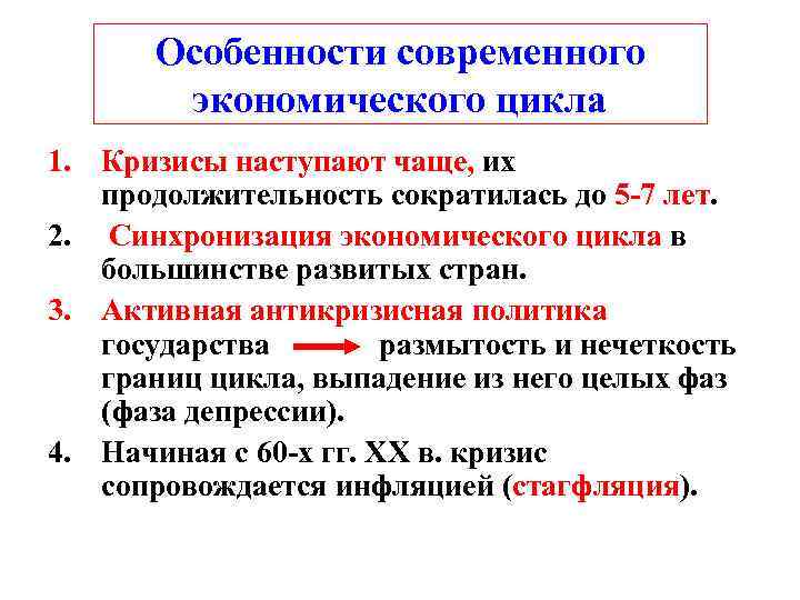 Особенности современного экономического цикла 1. Кризисы наступают чаще, их продолжительность сократилась до 5 -7