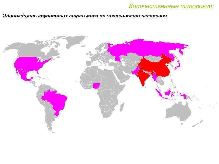 Количественные типологии: Одиннадцать крупнейших стран мира по численности населения. 