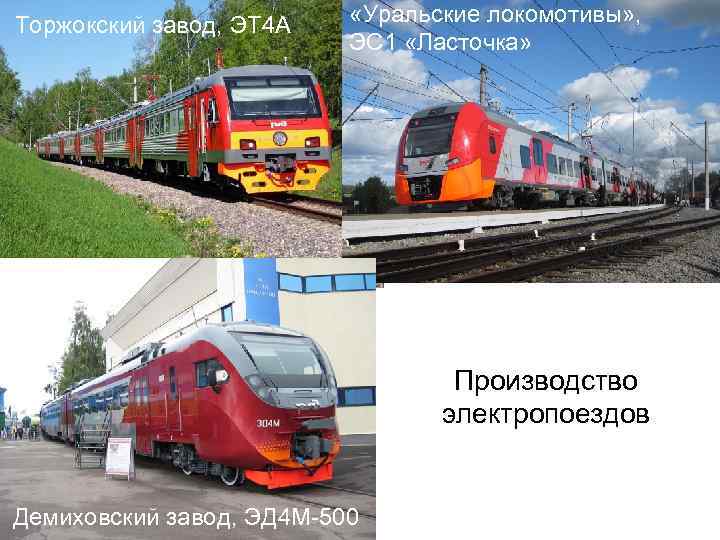 Торжокский завод, ЭТ 4 А «Уральские локомотивы» , ЭС 1 «Ласточка» Производство электропоездов Демиховский