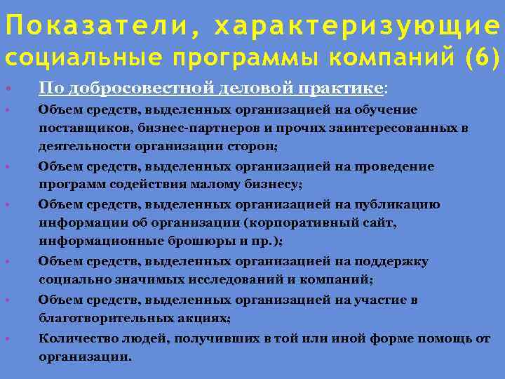 Показатели, хар актер изующие социальные программы компаний (6) • По добросовестной деловой практике: •