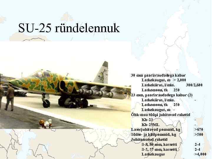 SU-25 ründelennuk 30 mm paarisraudadega kahur Laskekaugus, m > 2, 000 Laskekiirus, l/min. 300/2,