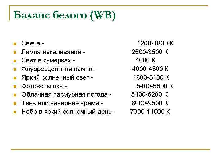 Баланс белого (WB) n n n n n Свеча - 1200 -1800 К Лампа