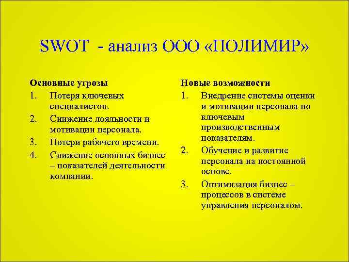 SWOT - анализ ООО «ПОЛИМИР» Основные угрозы 1. Потеря ключевых специалистов. 2. Снижение лояльности