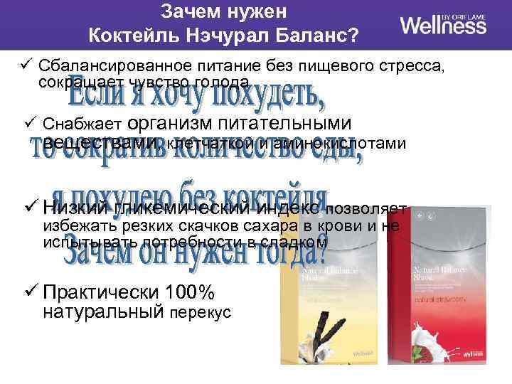 Зачем нужен Коктейль Нэчурал Баланс? ü Сбалансированное питание без пищевого стресса, сокращает чувство голода