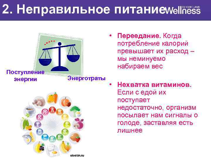 2. Неправильное питание Поступление энергии • Переедание. Когда потребление калорий превышает их расход –