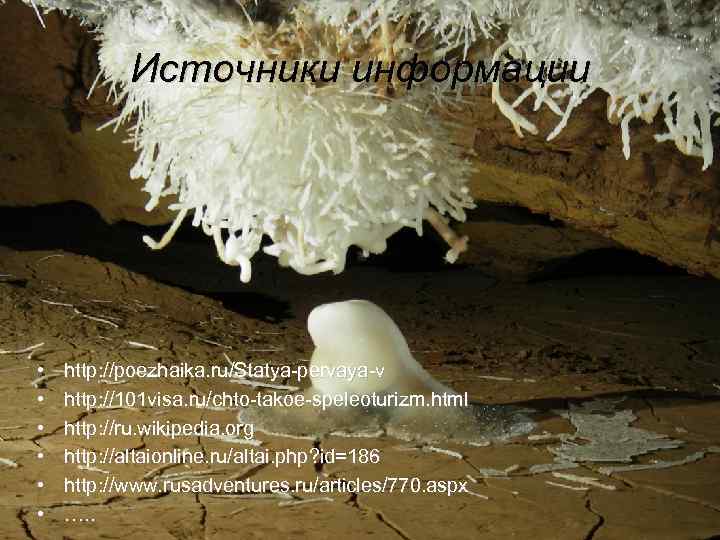 Источники информации • • • http: //poezhaika. ru/Statya-pervaya-v http: //101 visa. ru/chto-takoe-speleoturizm. html http: