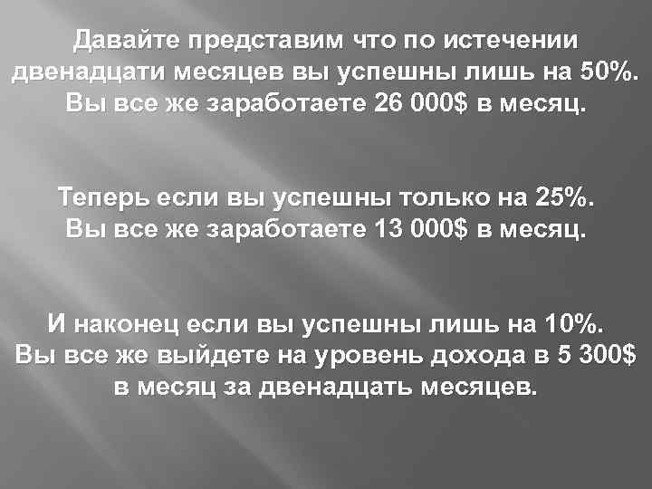 Давайте представим что по истечении двенадцати месяцев вы успешны лишь на 50%. Вы все