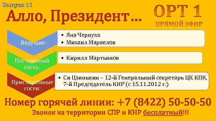 Выпуск 11 Алло, Президент… Ведущие: Постоянный гость: • Яна Чернуха • Михаил Маркелов •