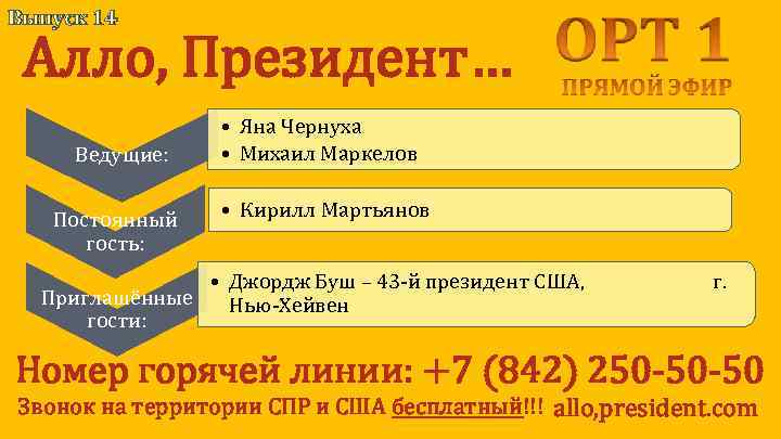 Выпуск 14 Алло, Президент… Ведущие: Постоянный гость: • Яна Чернуха • Михаил Маркелов •