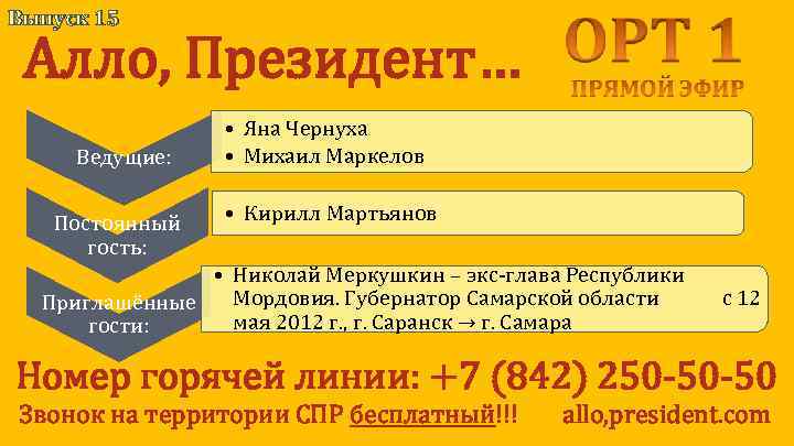 Выпуск 15 Алло, Президент… Ведущие: Постоянный гость: • Яна Чернуха • Михаил Маркелов •