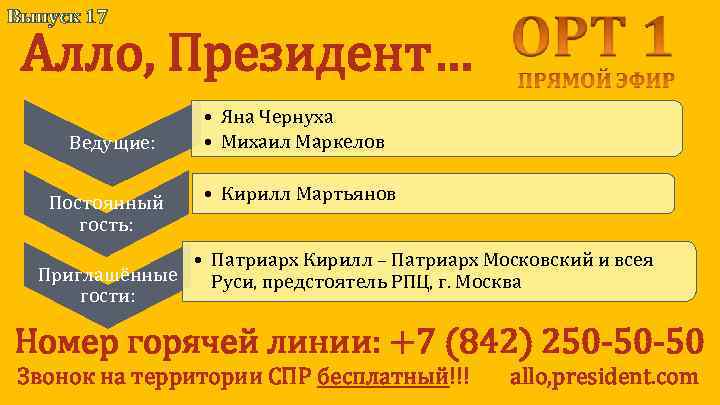 Выпуск 17 Алло, Президент… Ведущие: Постоянный гость: • Яна Чернуха • Михаил Маркелов •