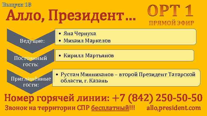 Выпуск 18 Алло, Президент… Ведущие: Постоянный гость: • Яна Чернуха • Михаил Маркелов •