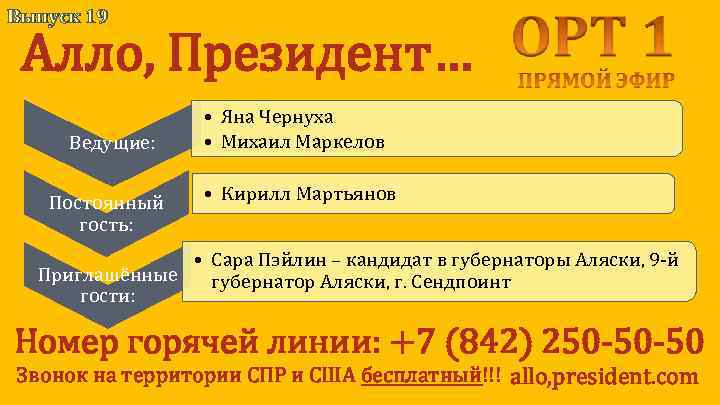Выпуск 19 Алло, Президент… Ведущие: Постоянный гость: • Яна Чернуха • Михаил Маркелов •