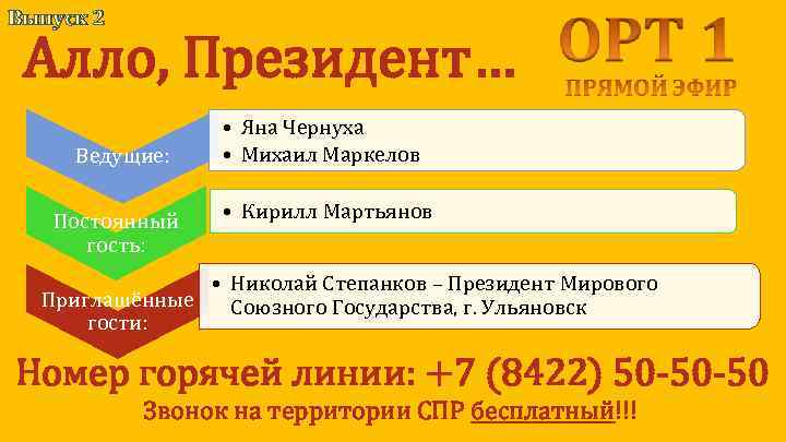 Выпуск 2 Алло, Президент… Ведущие: Постоянный гость: • Яна Чернуха • Михаил Маркелов •