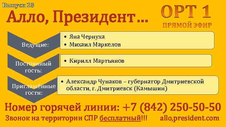 Выпуск 28 Алло, Президент… Ведущие: Постоянный гость: • Яна Чернуха • Михаил Маркелов •