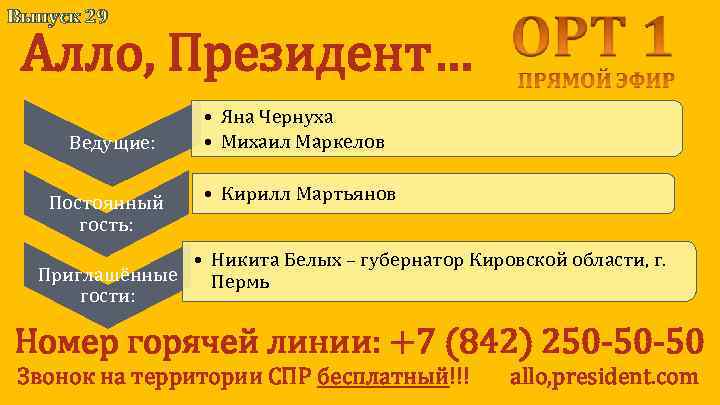 Выпуск 29 Алло, Президент… Ведущие: Постоянный гость: • Яна Чернуха • Михаил Маркелов •