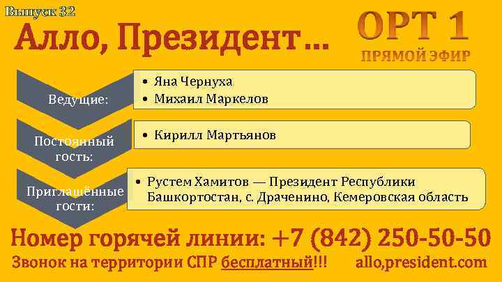 Выпуск 32 Алло, Президент… Ведущие: Постоянный гость: • Яна Чернуха • Михаил Маркелов •