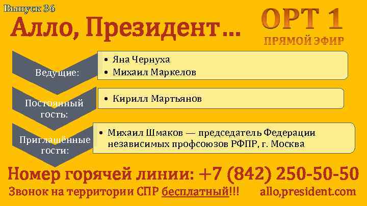 Выпуск 36 Алло, Президент… Ведущие: Постоянный гость: • Яна Чернуха • Михаил Маркелов •
